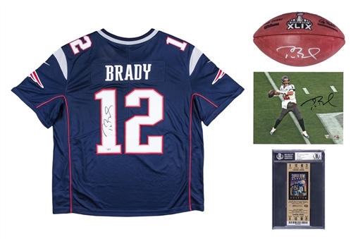 Lot of Four (4) Tom Brady Signed Items Including Patriots Jersey, Buccaneers 8x10 Photo, Super Bowl XLIX Unused Game Ball & Super Bowl XXXVIII Ticket